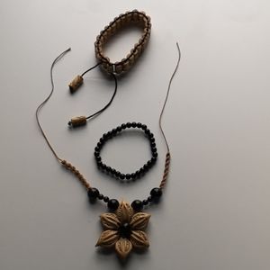 Tropical Nut Flower Necklace and Bamboo Bracelet